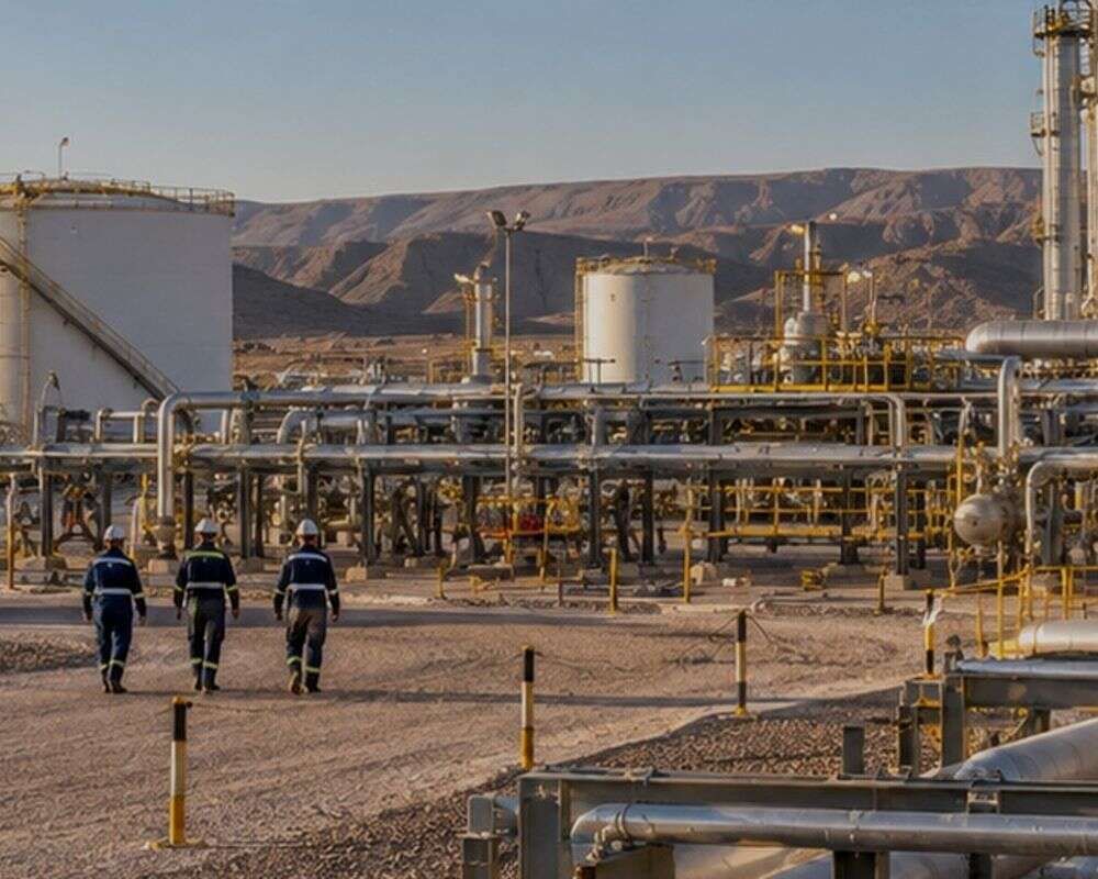 Yacimiento de petróleo y gas con planta de tratamiento (imagen ilustrativa)